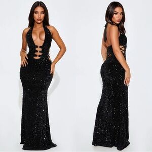 Fashion Nova | Lace Up Sequin Maxi Dress - Black